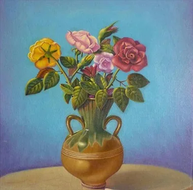 Rosas en jarrón dorado, flores de Florentino Santana Gala